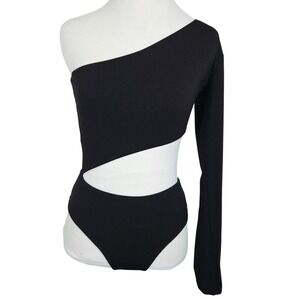 Clyque Nina Bodysuit black asymmetrical long sleeved‎ cut out, size S